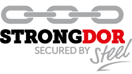 Logo with a stylized gray chain link above the text "STRONGDOR" in bold black and red letters, followed by "SECURED BY Steel" in gray cursive. The design emphasizes strength and security.