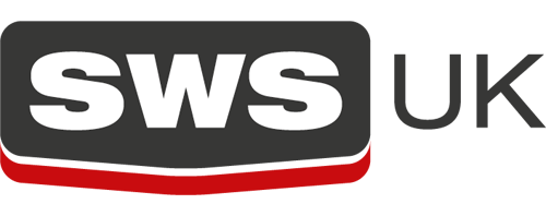 Logo with "SWS" in bold white letters on a dark background, featuring a red underline in a triangular shape.