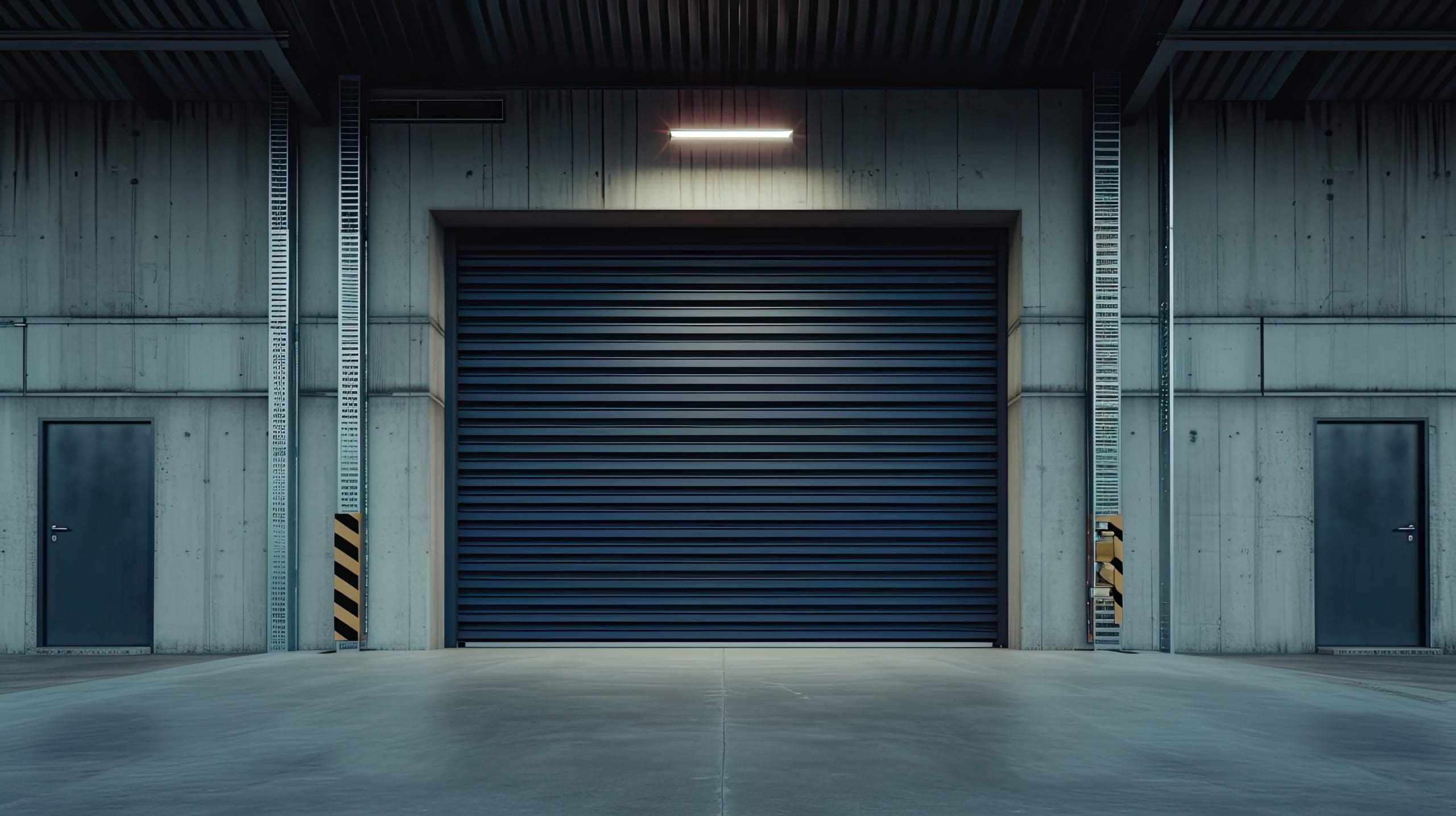 A closed industrial garage door is centered between two metal doors in a dimly lit, empty warehouse. The floor is smooth concrete, and the walls and ceiling are made of metal panels with yellow and black caution stripes.