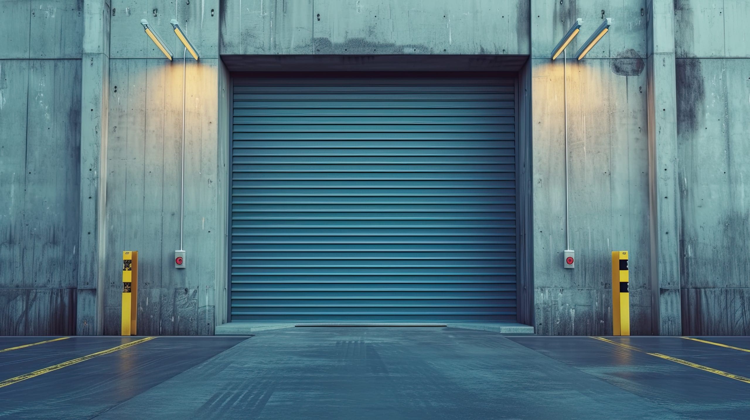 A large industrial garage door made of blue metal is closed. The entrance is framed by a concrete wall with two yellow-striped bollards and red emergency buttons on each side. Two lights illuminate the area, casting a cool, industrial ambiance.