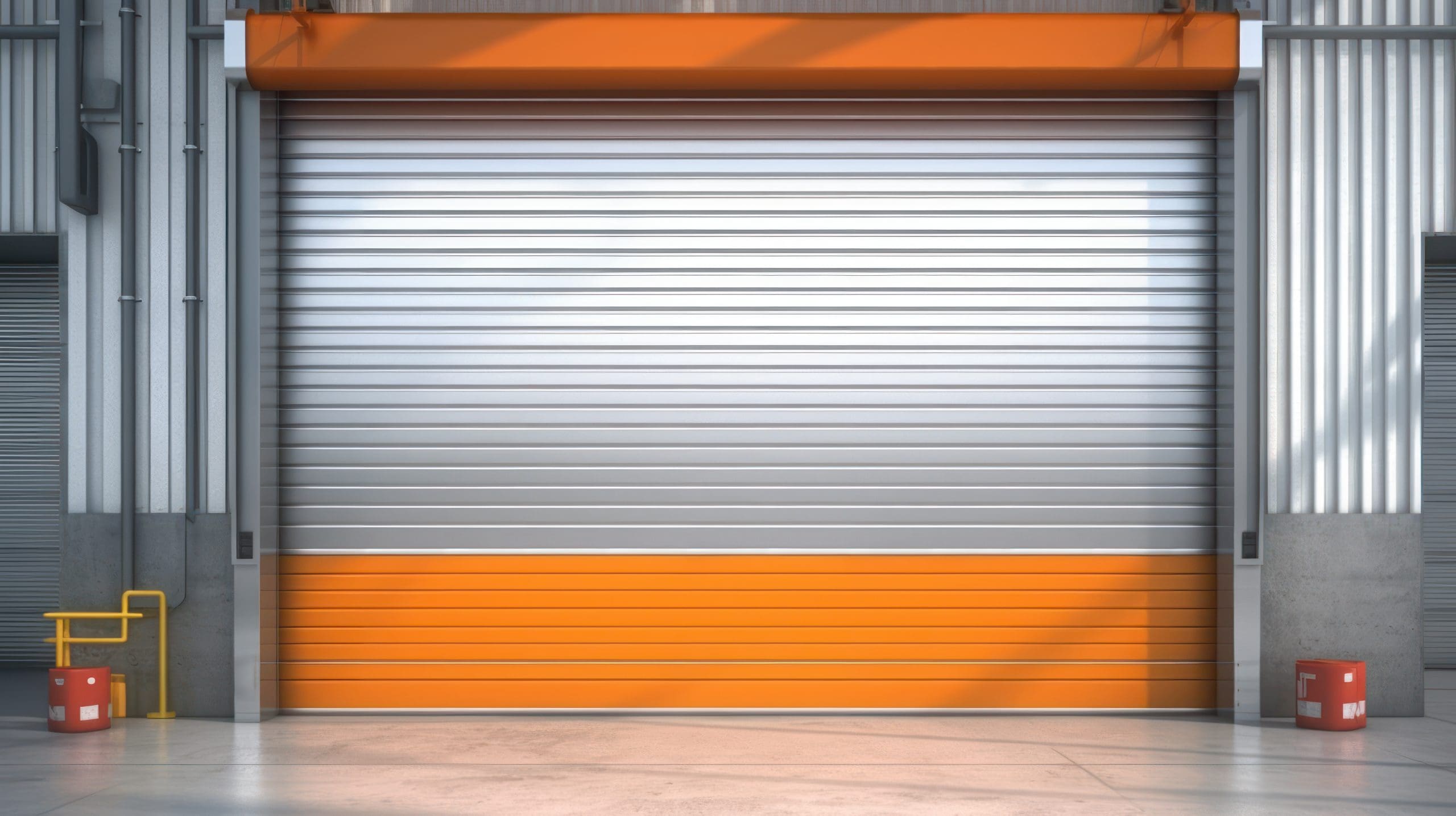 A large industrial metal roller shutter door mostly in silver with an orange section at the bottom. The door is set within a gray corrugated metal building. On either side, there are two small red and yellow bollards, and the concrete floor extends in front of the door.