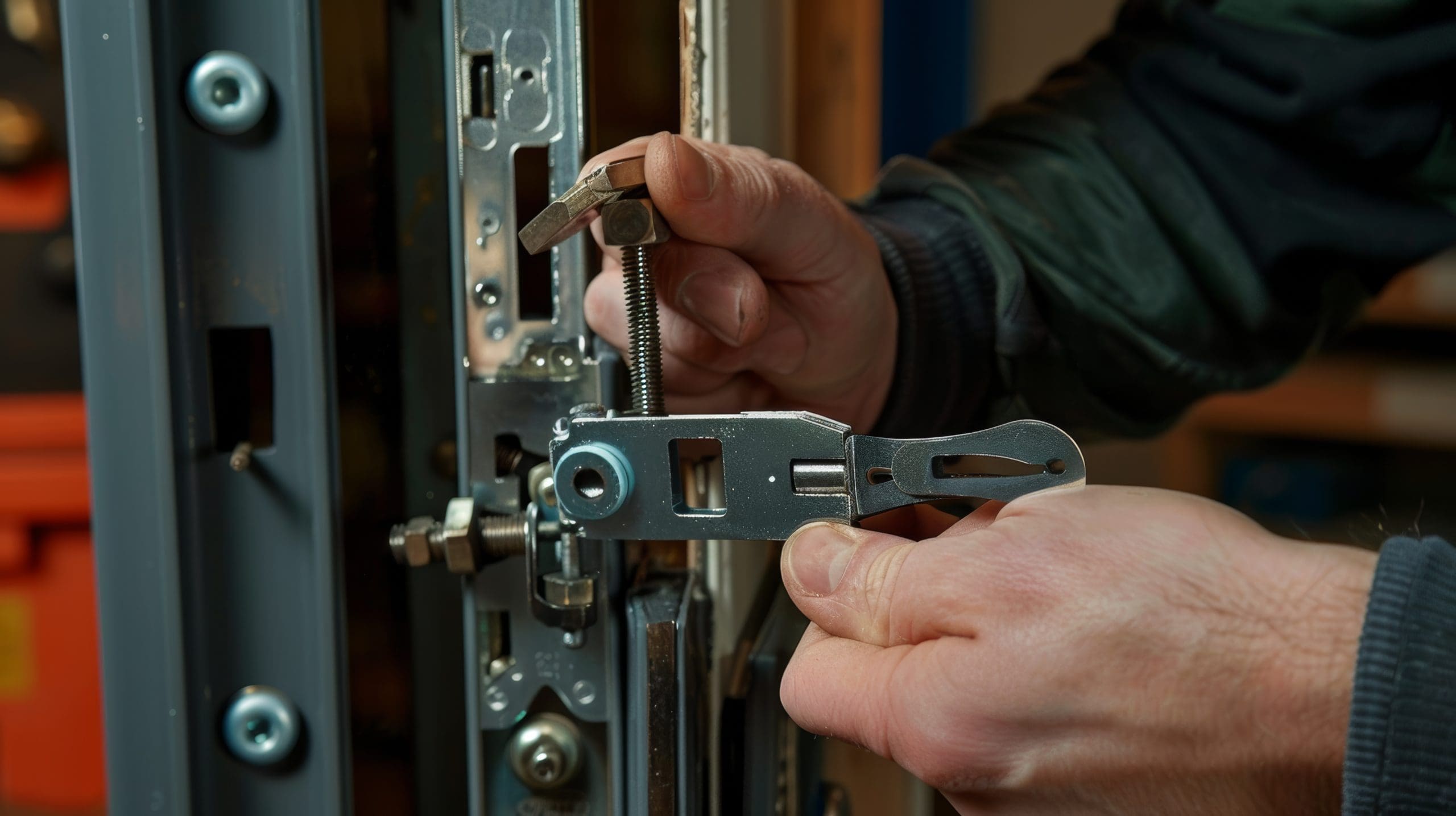 A person adjusts a metal locking mechanism with a tool. The mechanism is part of a door or a secure enclosure, and the person's hands are in focus, highlighting the precision of the task. Various screws and bolts can be seen in the setup.