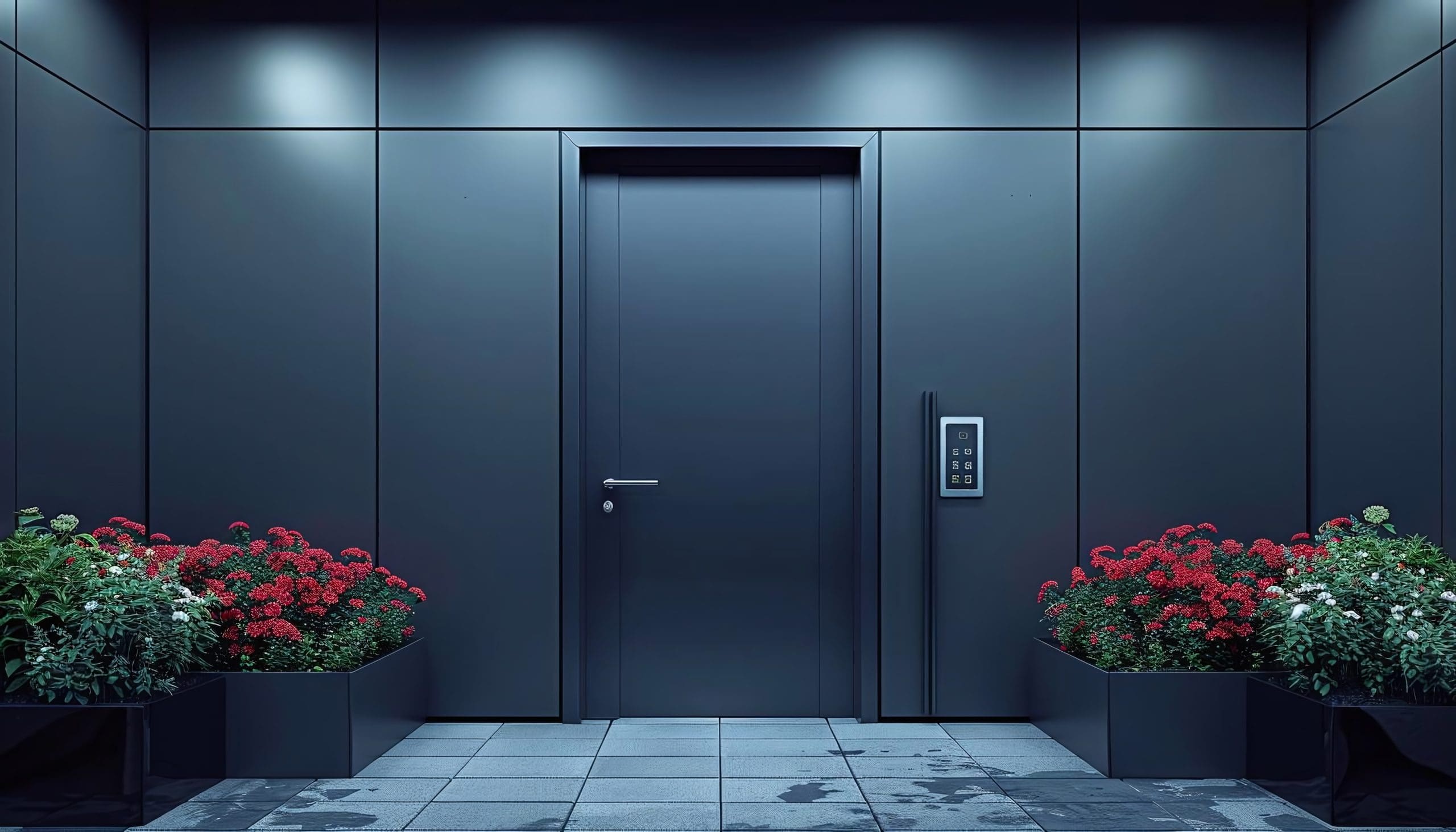 A sleek modern elevator door set in a dark, glossy wall with control panel on the right. Flanked by planters filled with vibrant red flowers, the floor is light gray tile with minimal water puddles.