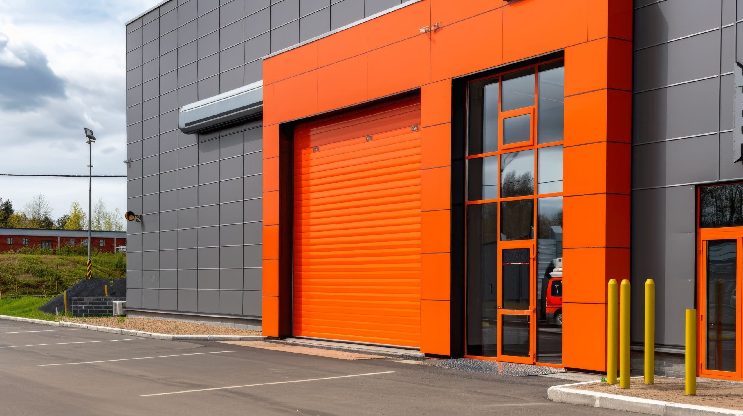 A modern industrial building with a large orange garage door. The building features gray and orange panels and has a small glass entry door next to the garage door. Yellow bollards are lined up in front of the entry. The sky is overcast, and the area around is paved.